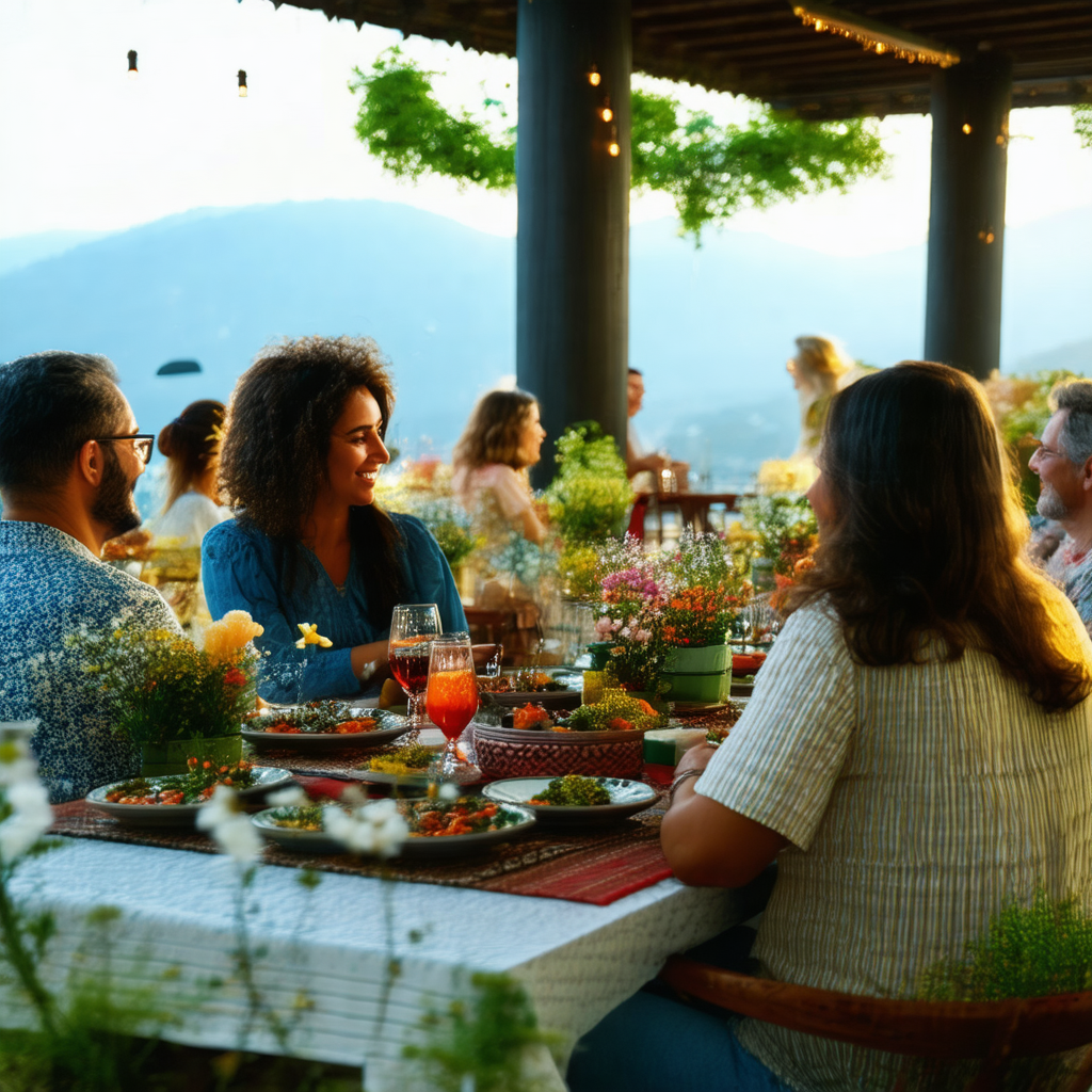 Group of people gathered around a dining table, enjoying ...