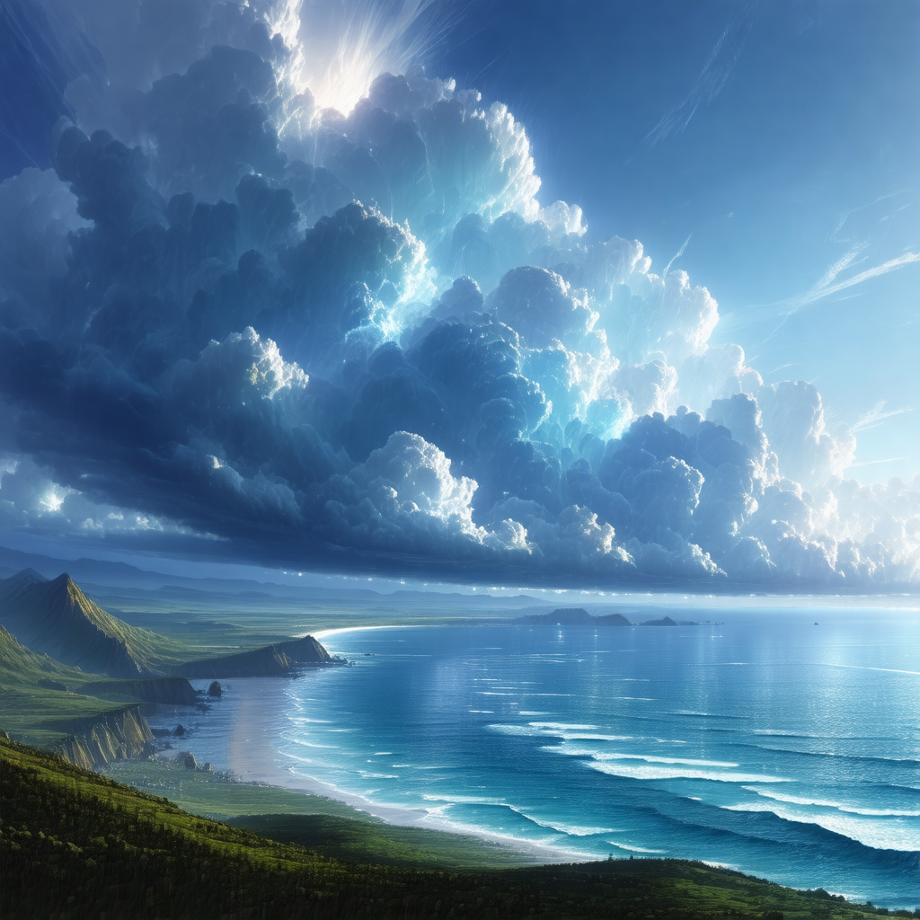 Beautiful painting of a beach scene with a large body of ...