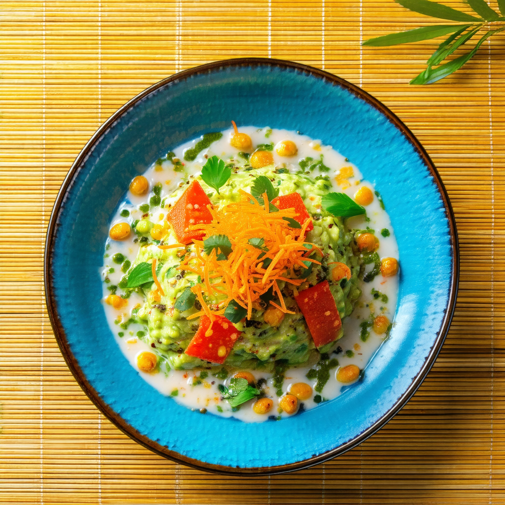 Blue plate filled with a delicious meal