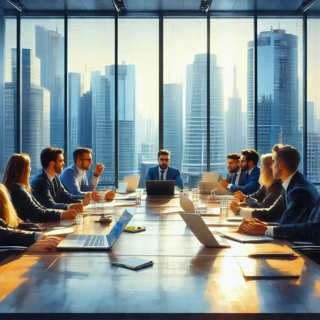 Group of people gathered around a large conference table,...