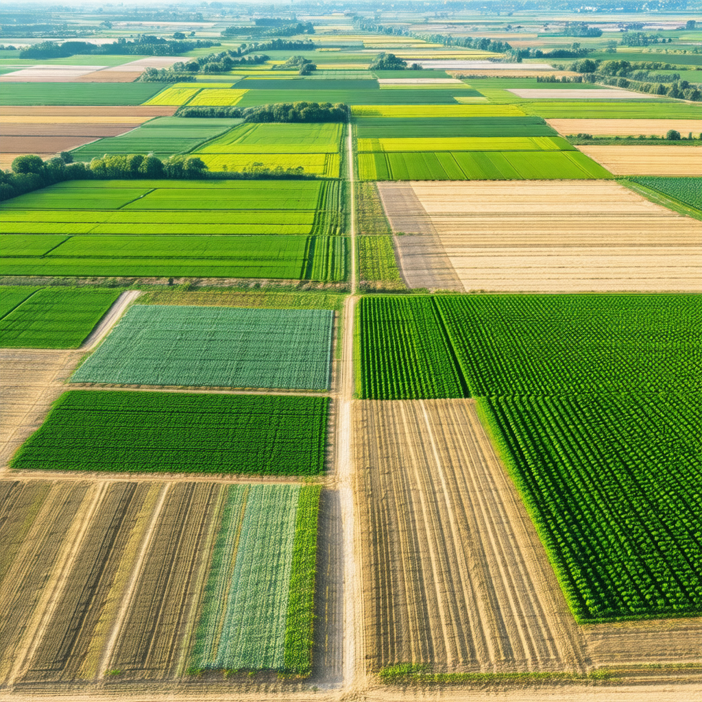Large aerial view of a farm with a variety of crops