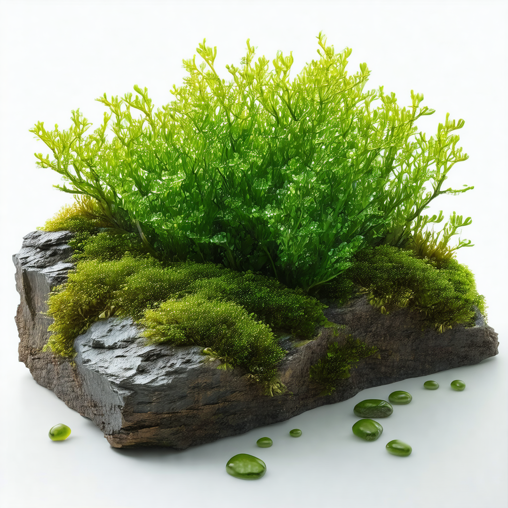 Large, green plant with a mossy appearance, sitting on to...