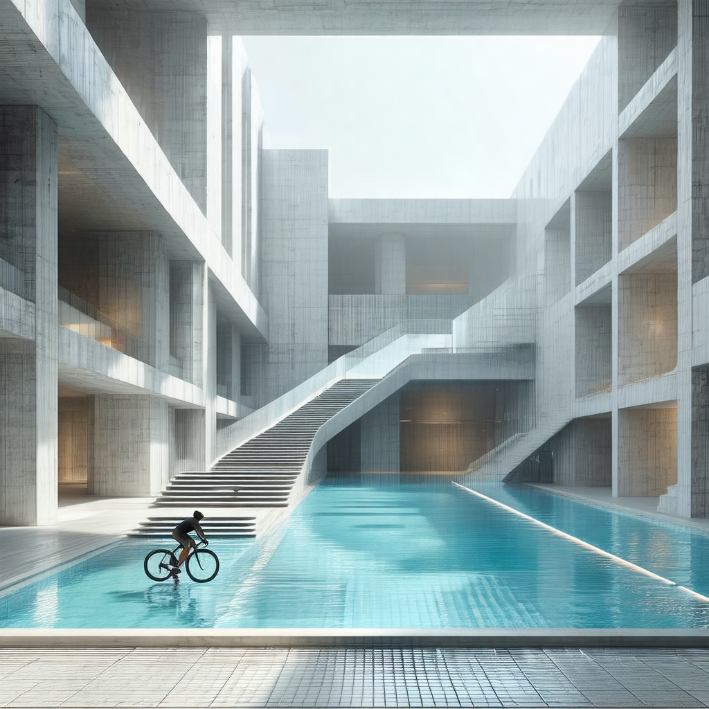 Man riding a bicycle in a large, modern building with a l...