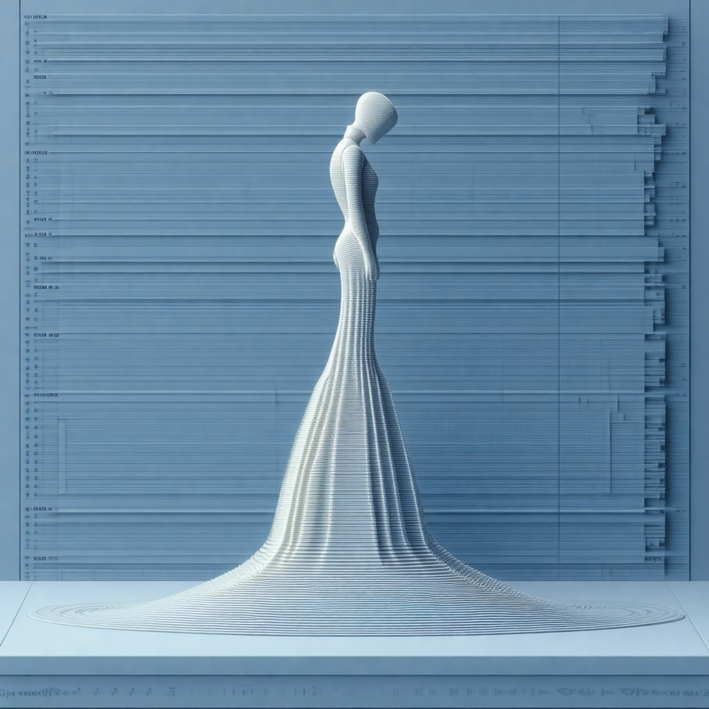 White, three-dimensional mannequin wearing a long, flowin...