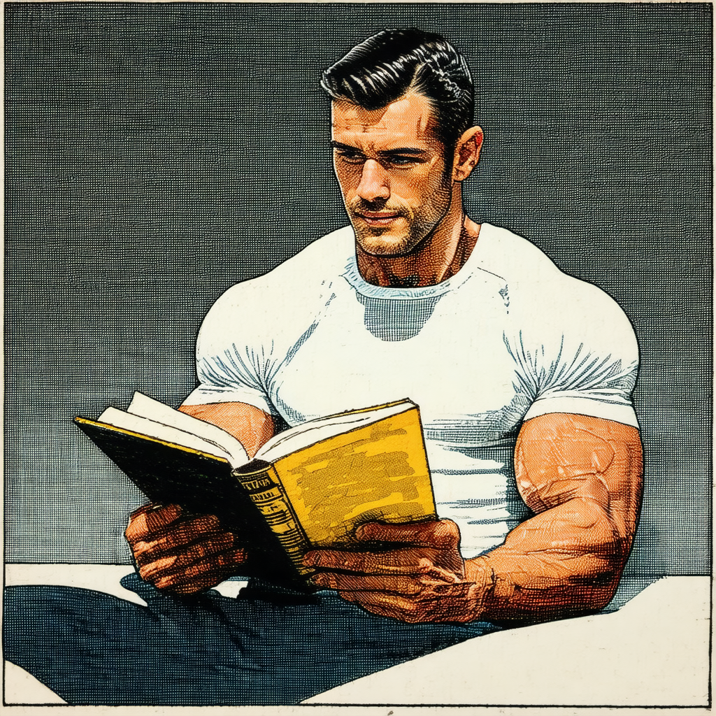 Man sitting on a table, reading a book