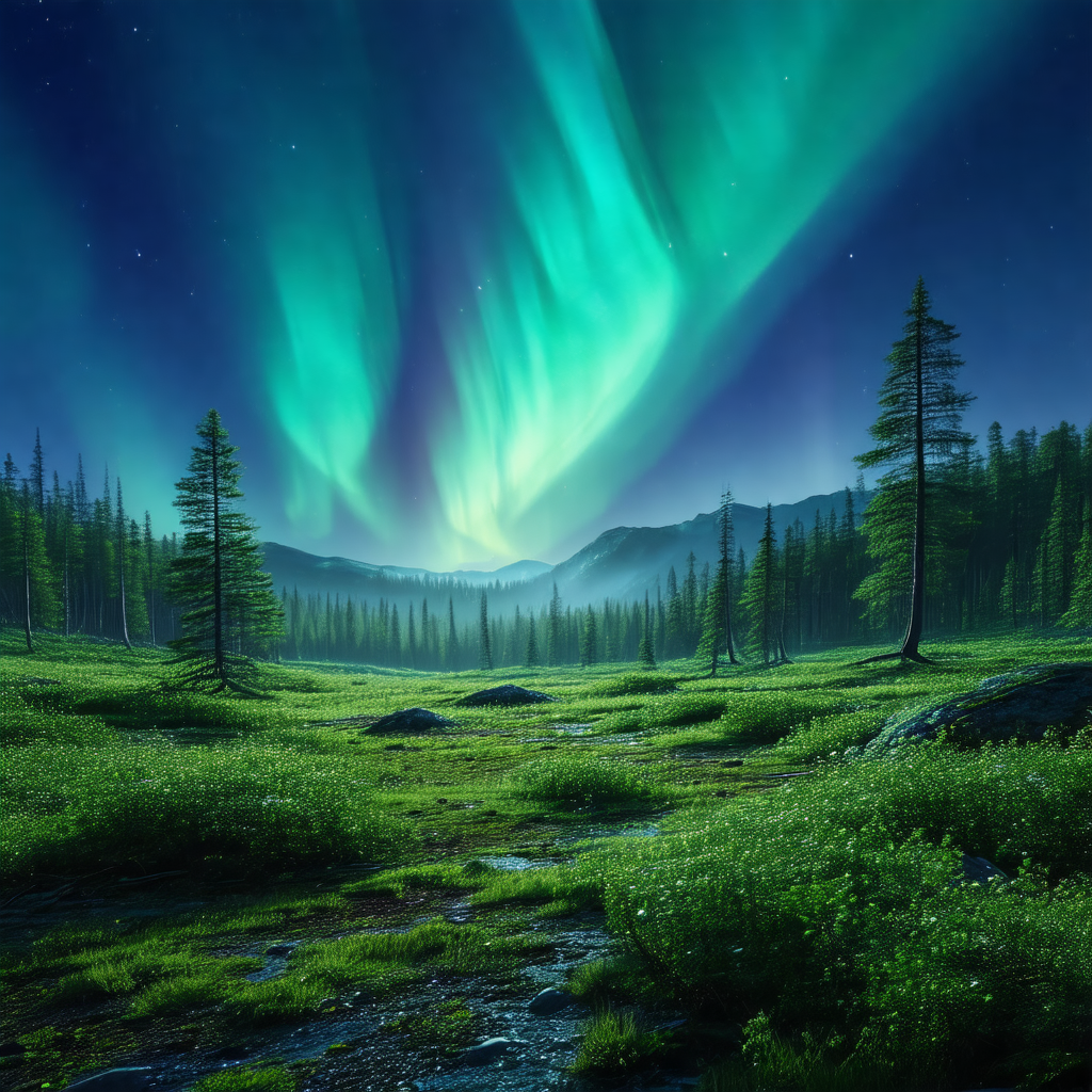 Serene scene of a lush green forest at night