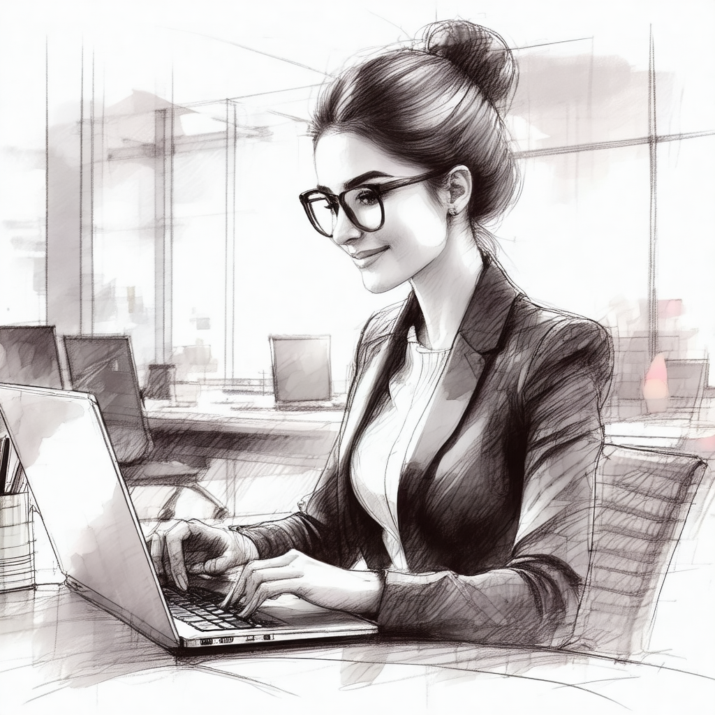 Drawing of a woman sitting at a desk, working on a laptop...