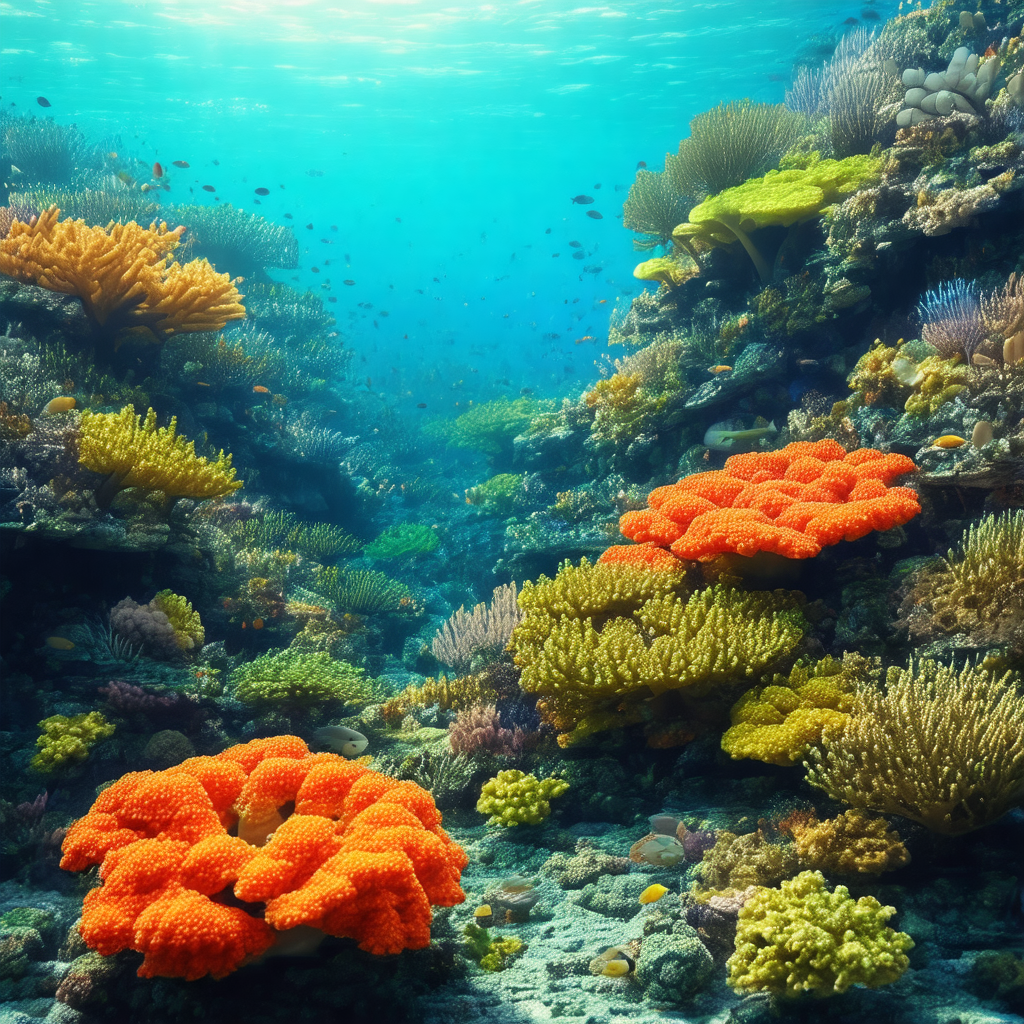 Vibrant underwater scene with a variety of colorful coral...