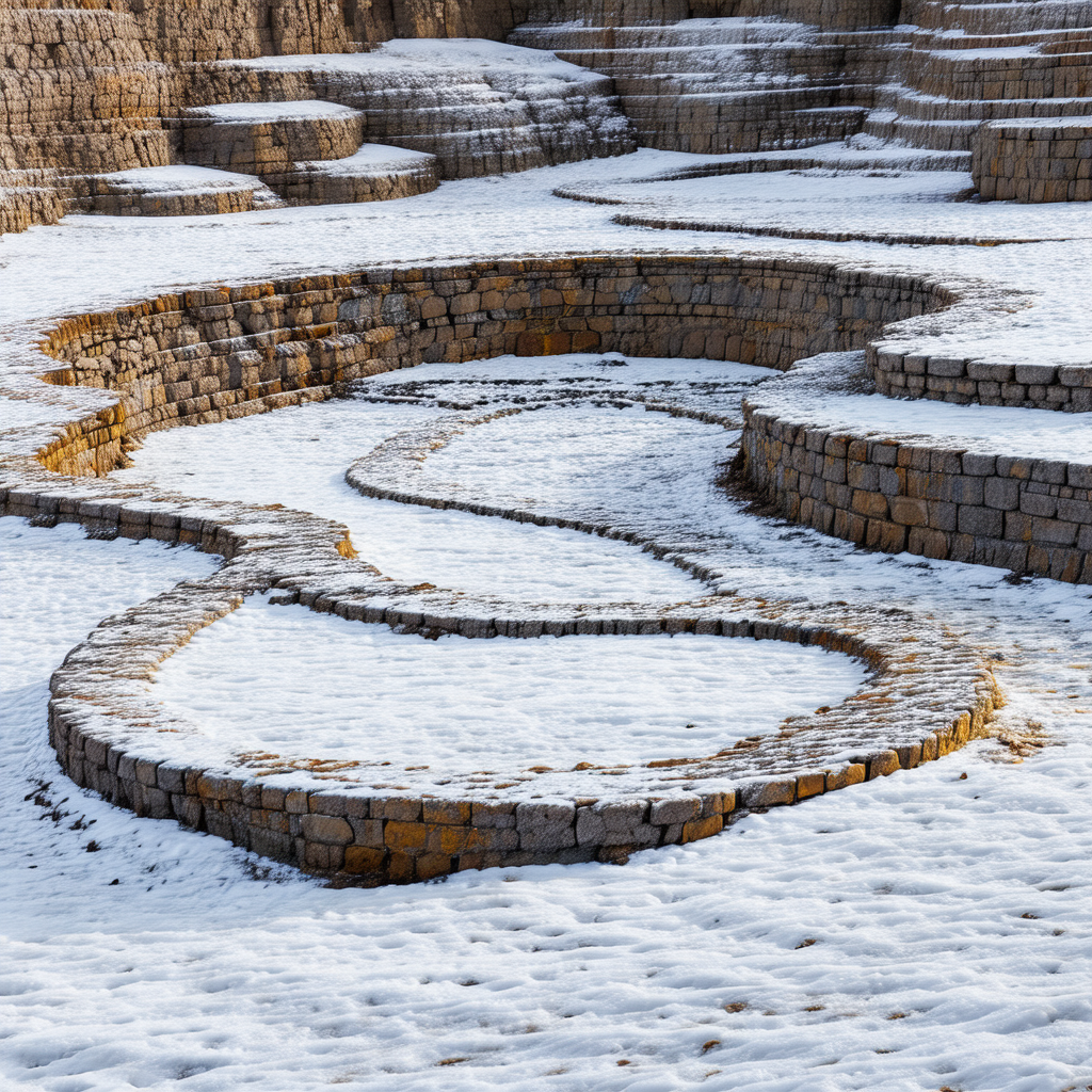 Snow-covered landscape with a large, curved stone wall