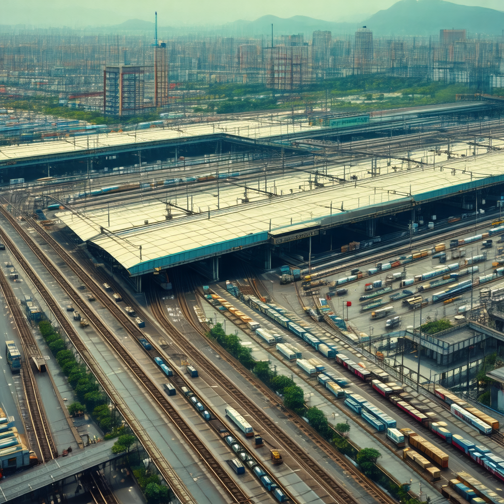 Large train yard with numerous trains parked on the tracks