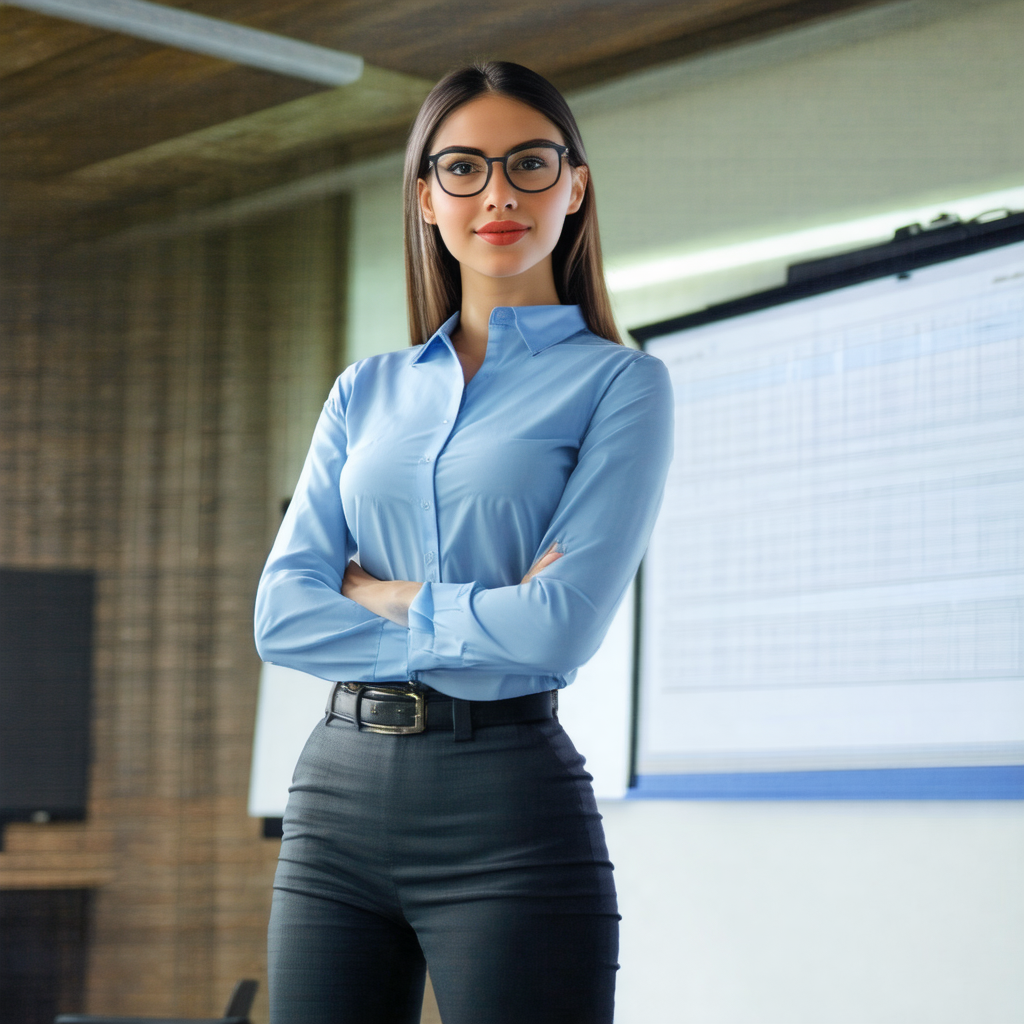 Woman wearing a blue shirt and glasses, standing in a roo...