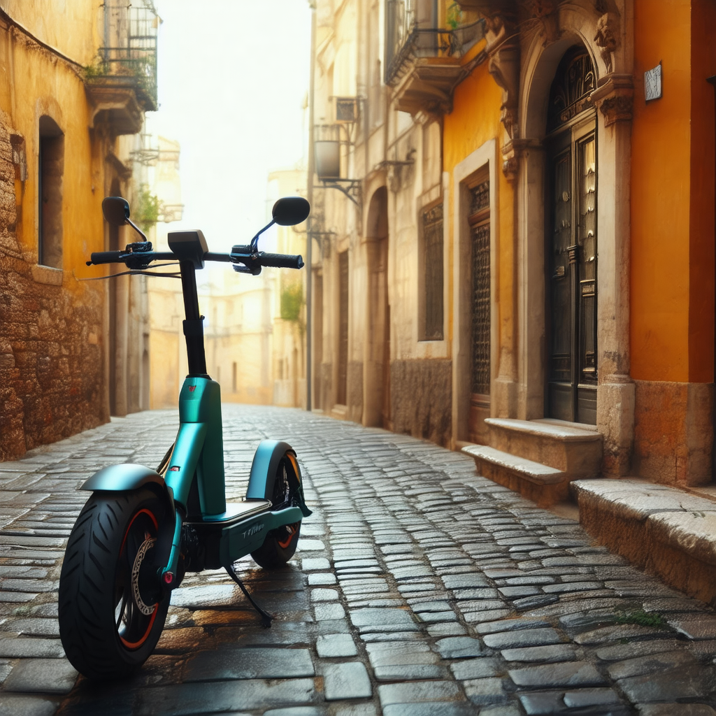 Small blue scooter parked on a cobblestone street
