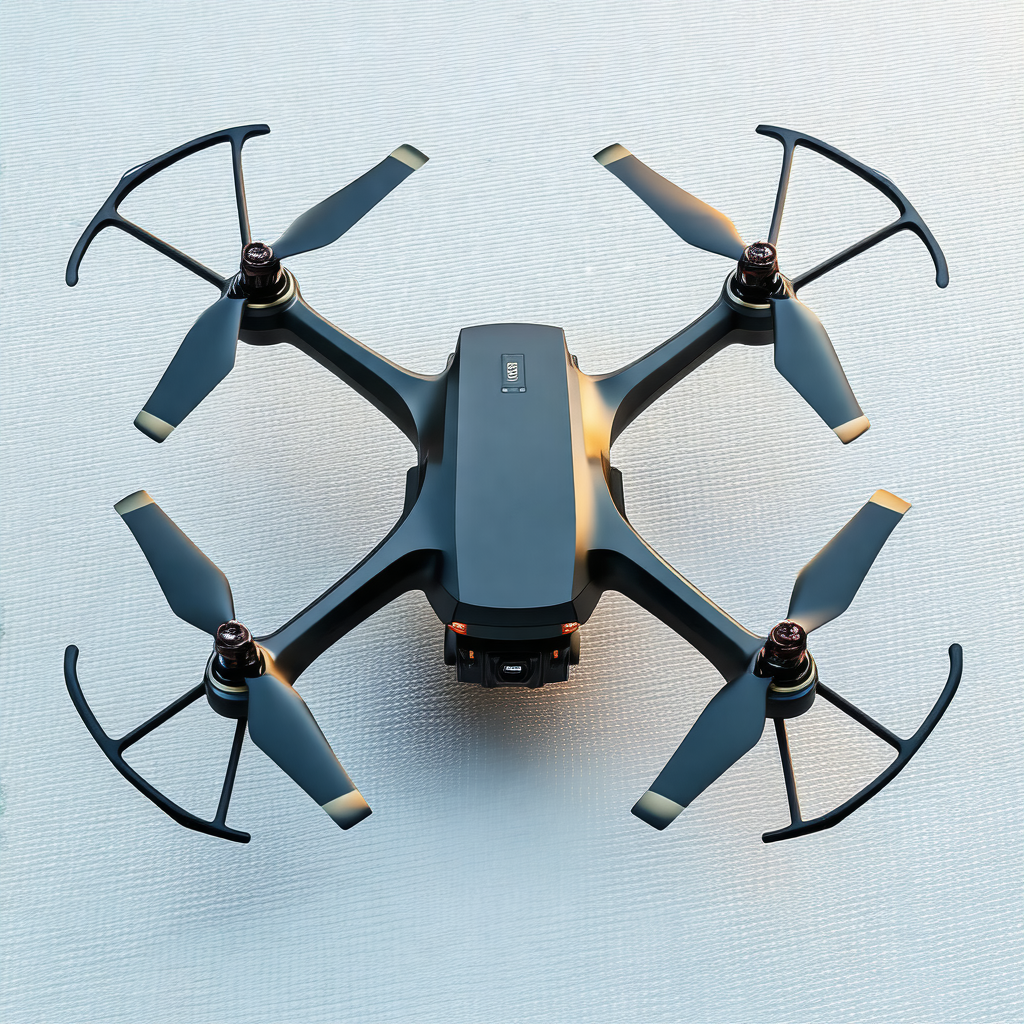 Small black drone with a grey bottom, sitting on a white ...