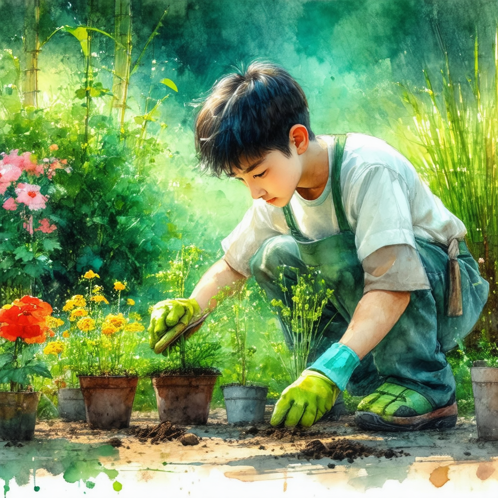 Young boy wearing a white shirt and green gloves, kneelin...