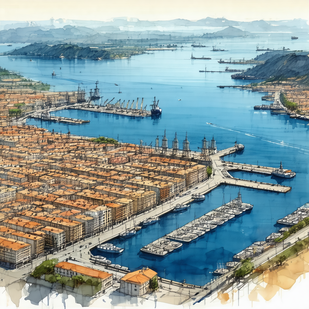 Watercolor painting of a city situated on the water