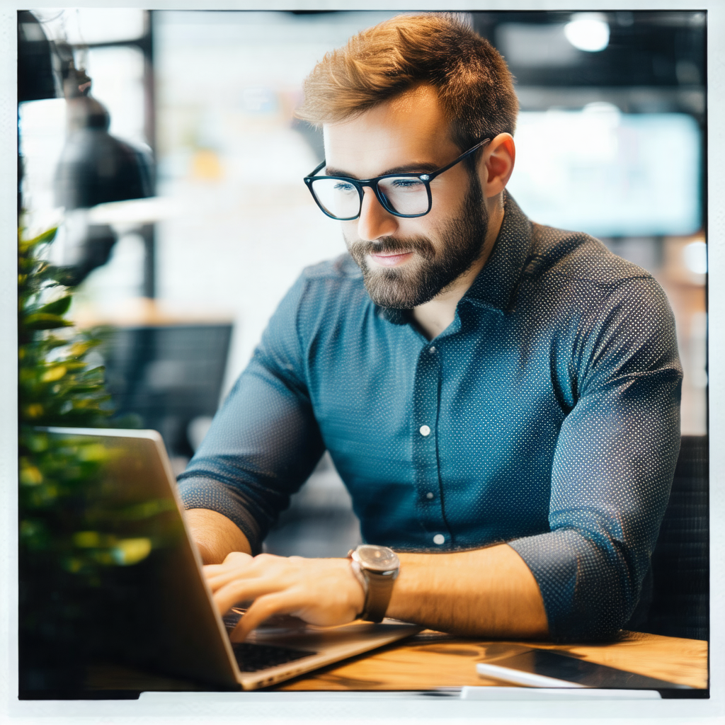 Man wearing glasses, sitting at a desk and working on a l...
