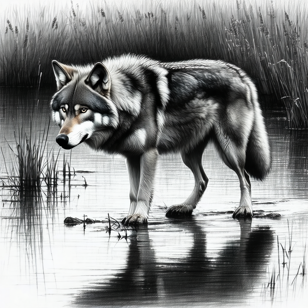 Wolf standing in a body of water, possibly a river or a lake