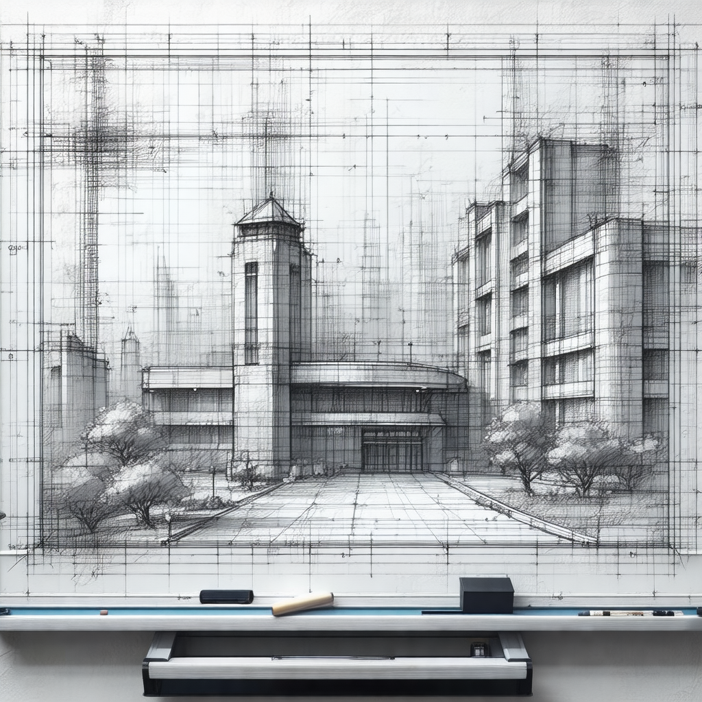 Drawing of a large building, possibly a church, with a cl...