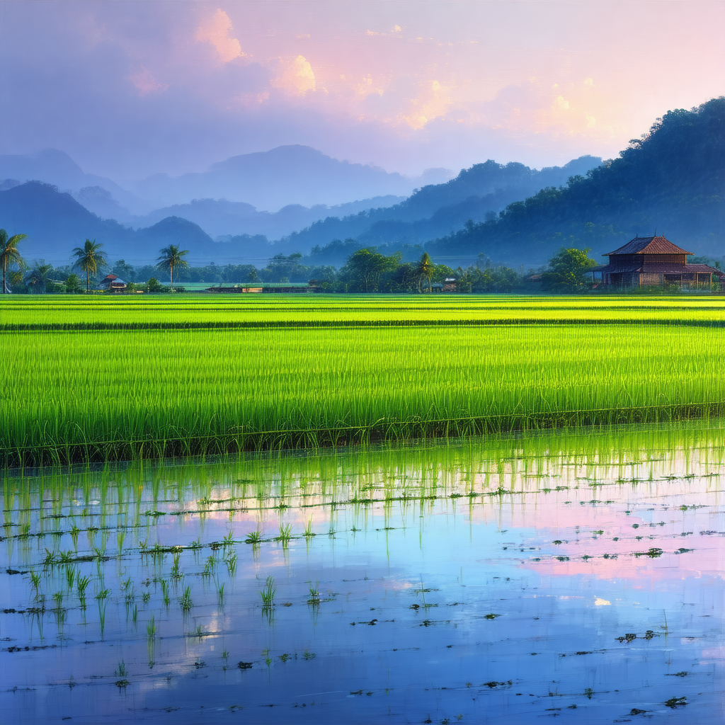 Large field of green rice, with mountains in the background