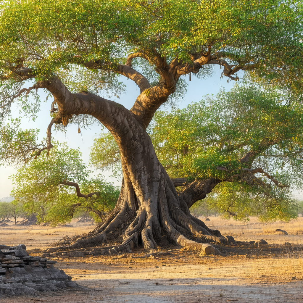 Large tree with a massive trunk, situated in a dry, dusty...