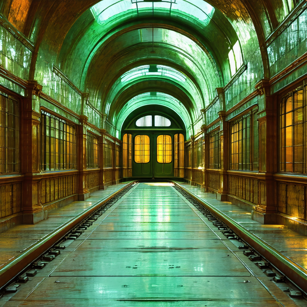 Long, narrow hallway with a train running through it