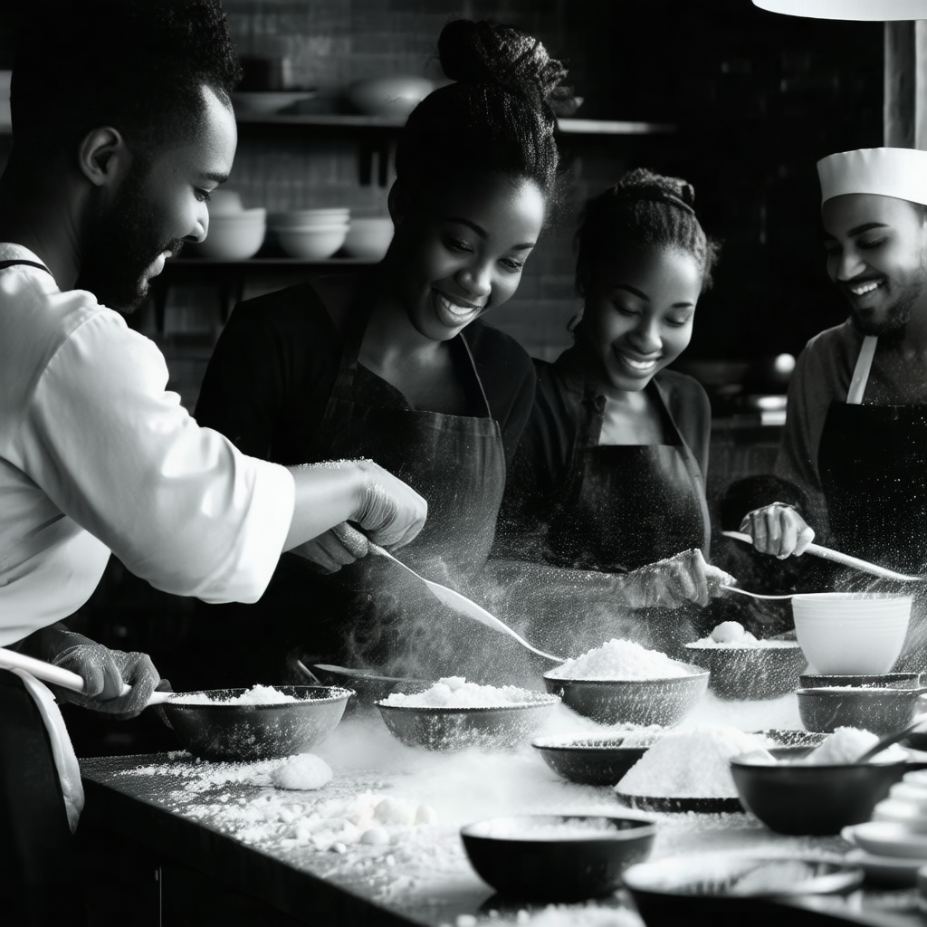 Group of people is gathered in a kitchen, preparing food ...