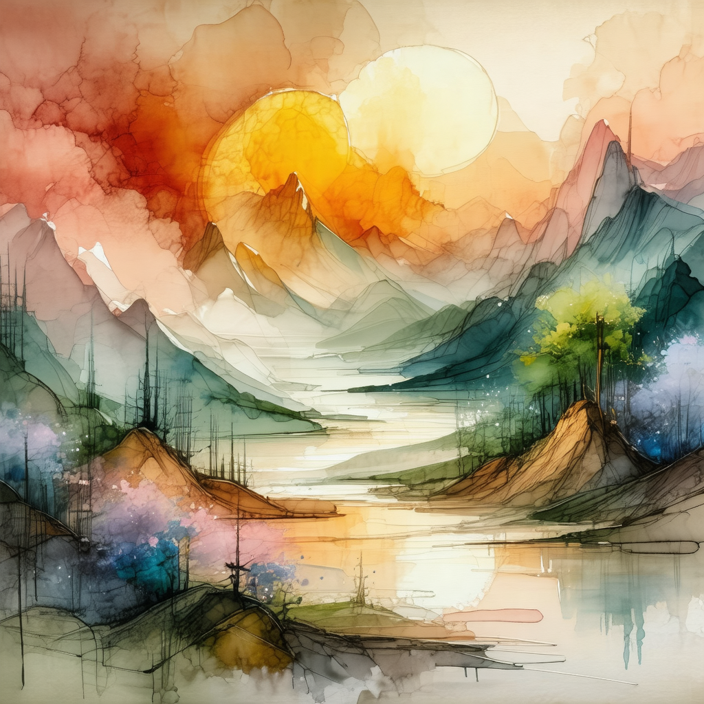 Painting of a mountainous landscape with a body of water,...