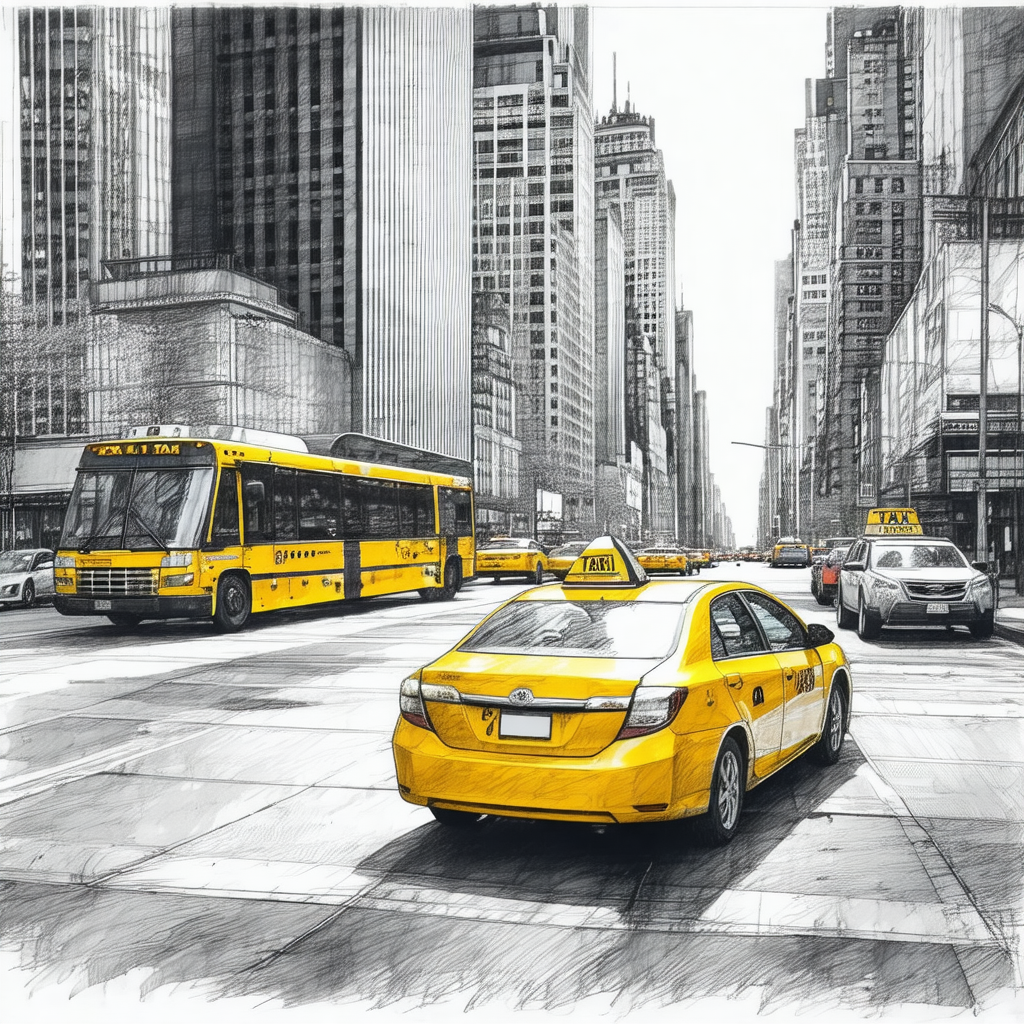 Black and white drawing of a busy city street