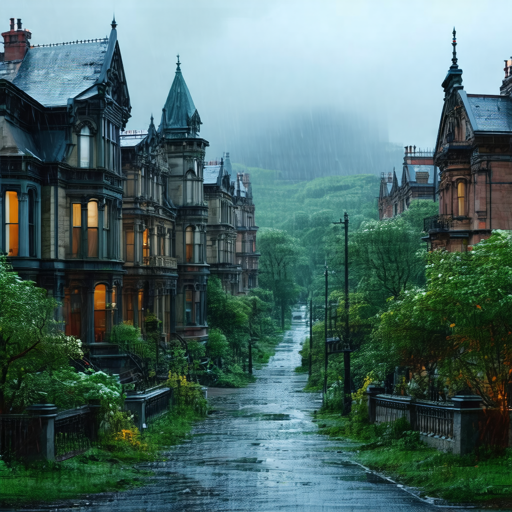 Narrow street in a city, surrounded by tall buildings