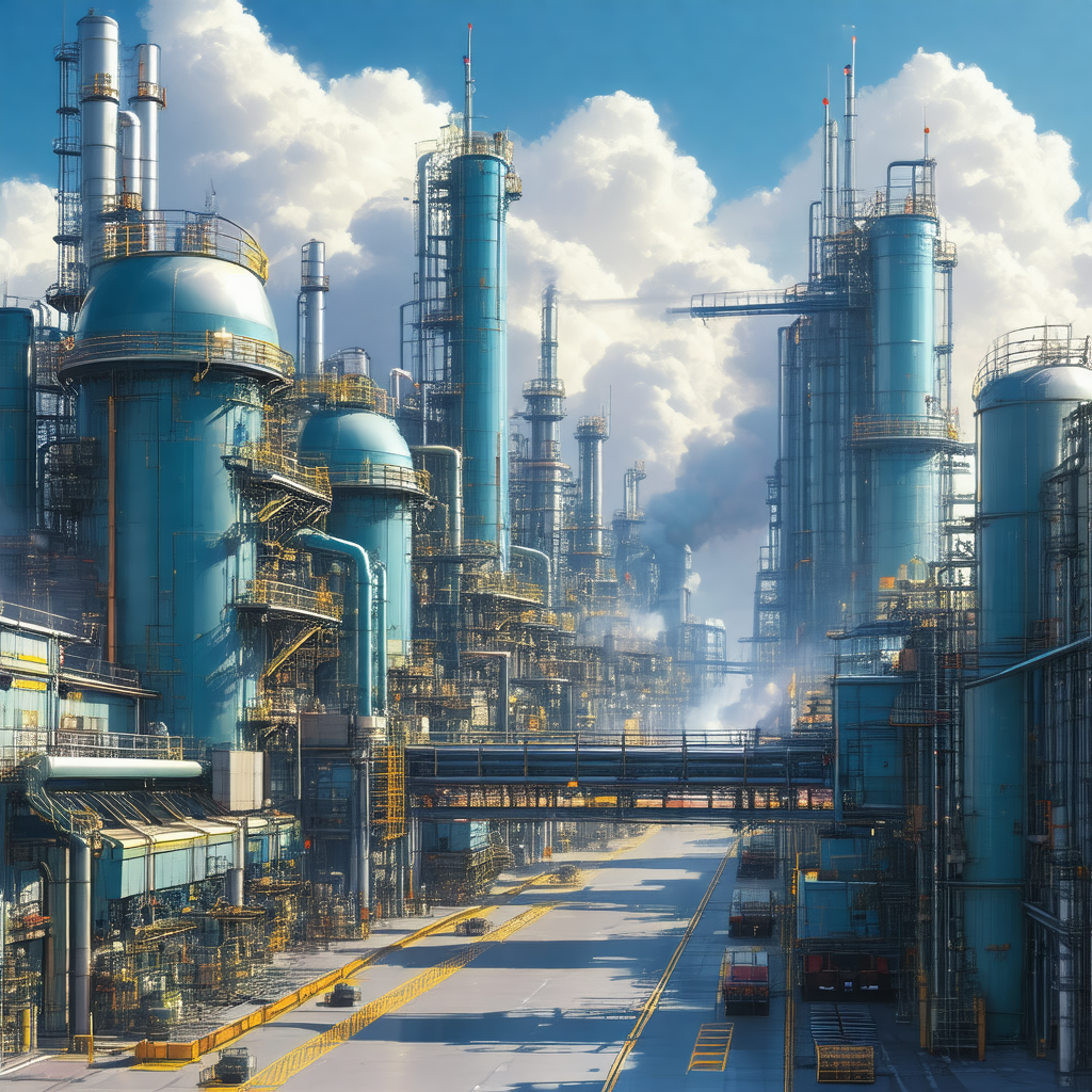 Painting of a large industrial complex, featuring a facto...