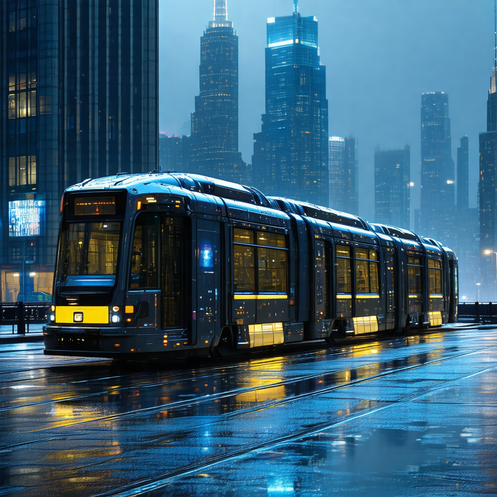 Train traveling down a track in a city