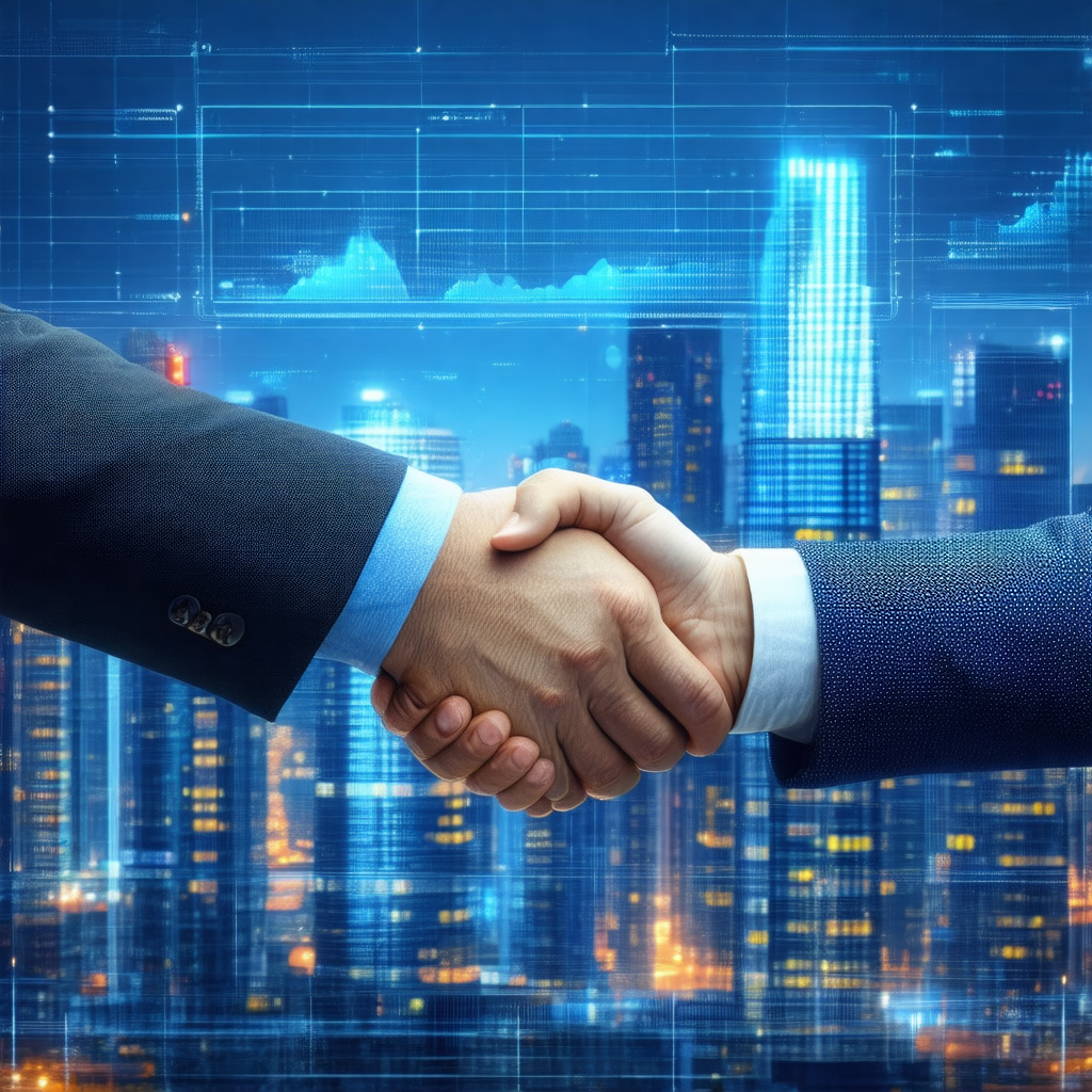 Two men shaking hands in a city setting