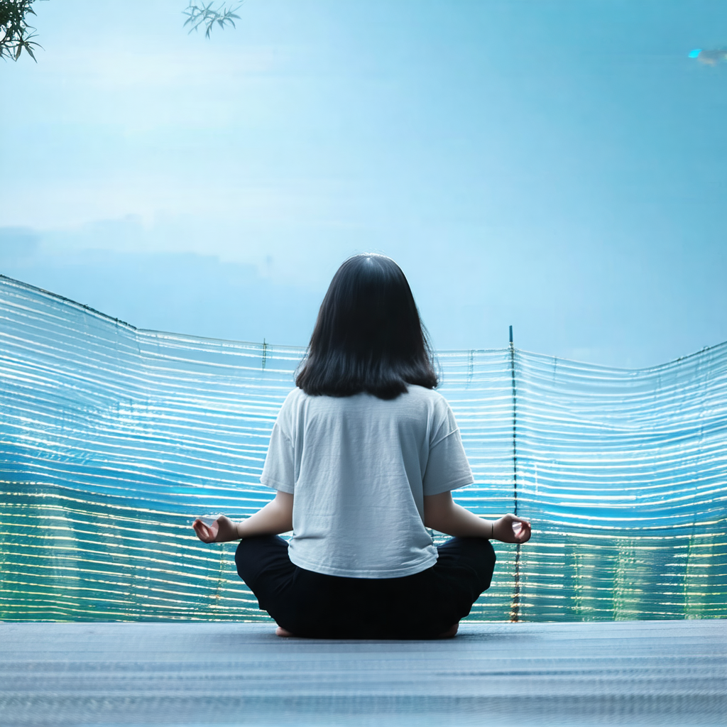 Woman sitting in a lotus position on a wooden platform