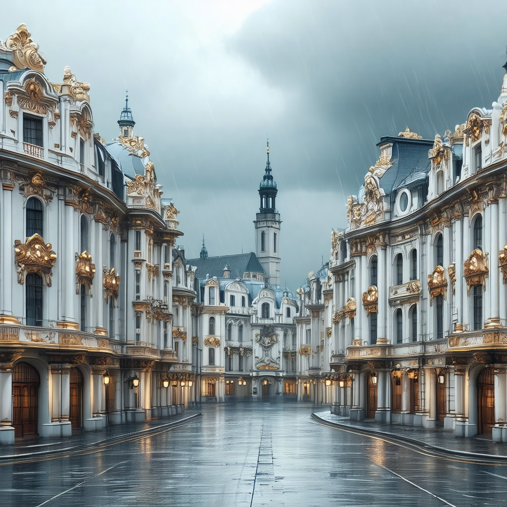 City street with a row of buildings on one side and a lar...