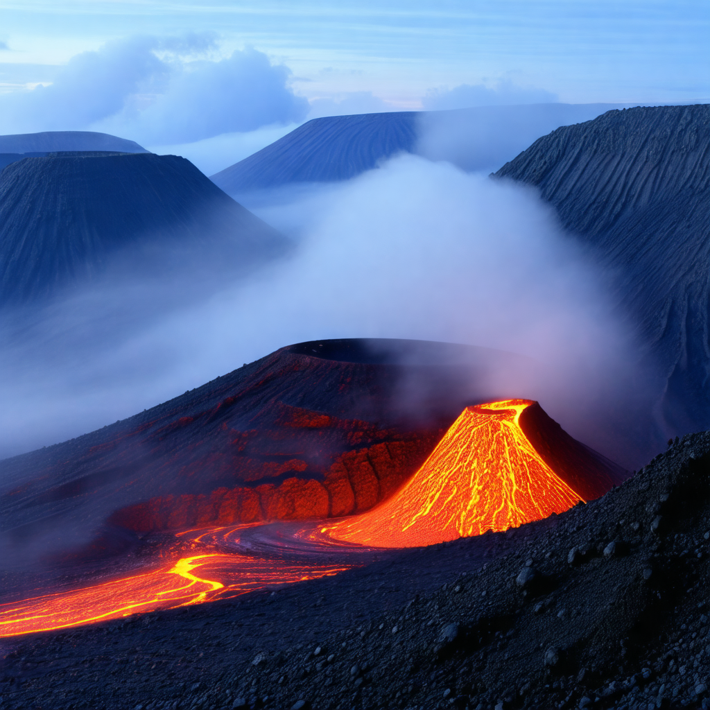 Large, red lava flow in the middle of a mountain range