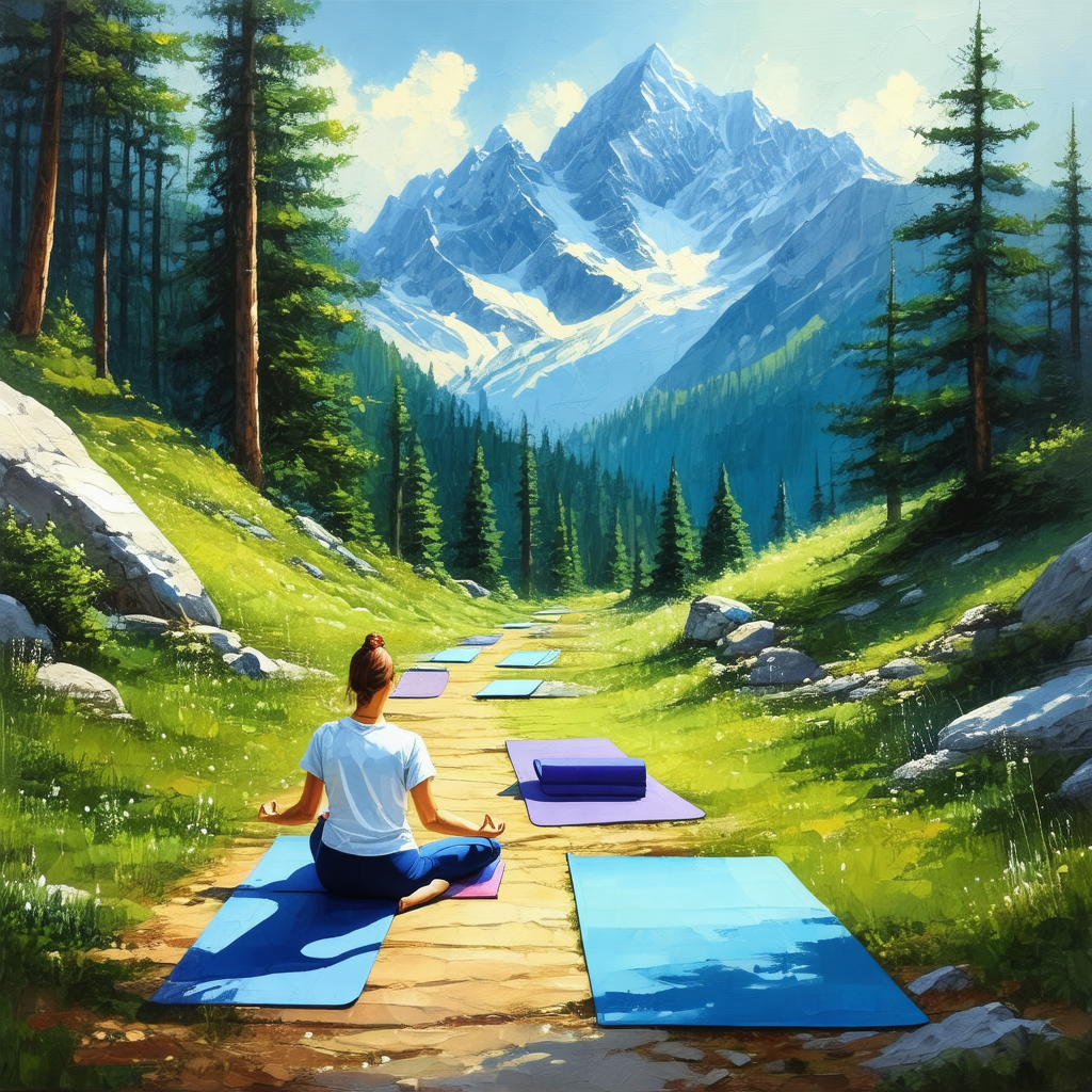Woman sitting on a yoga mat in a serene, grassy field