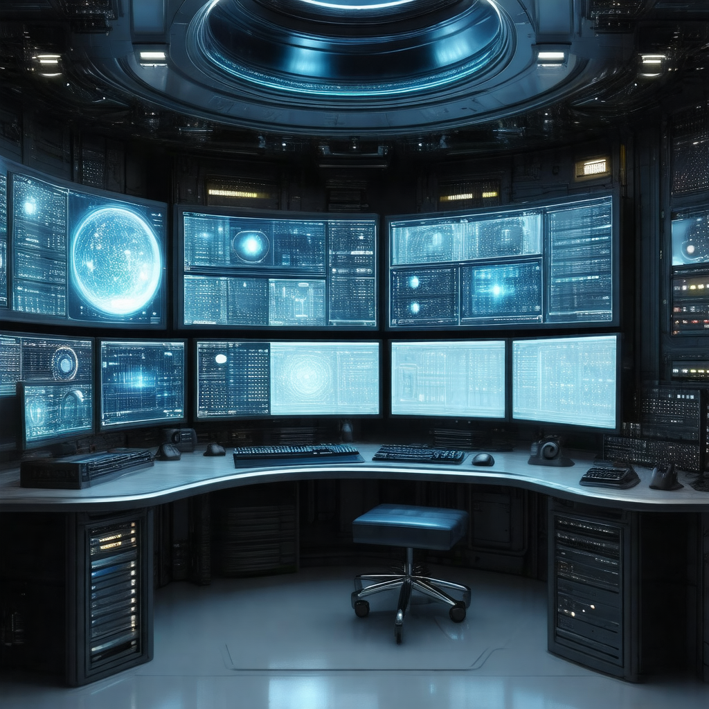 Futuristic control room filled with various computer scre...