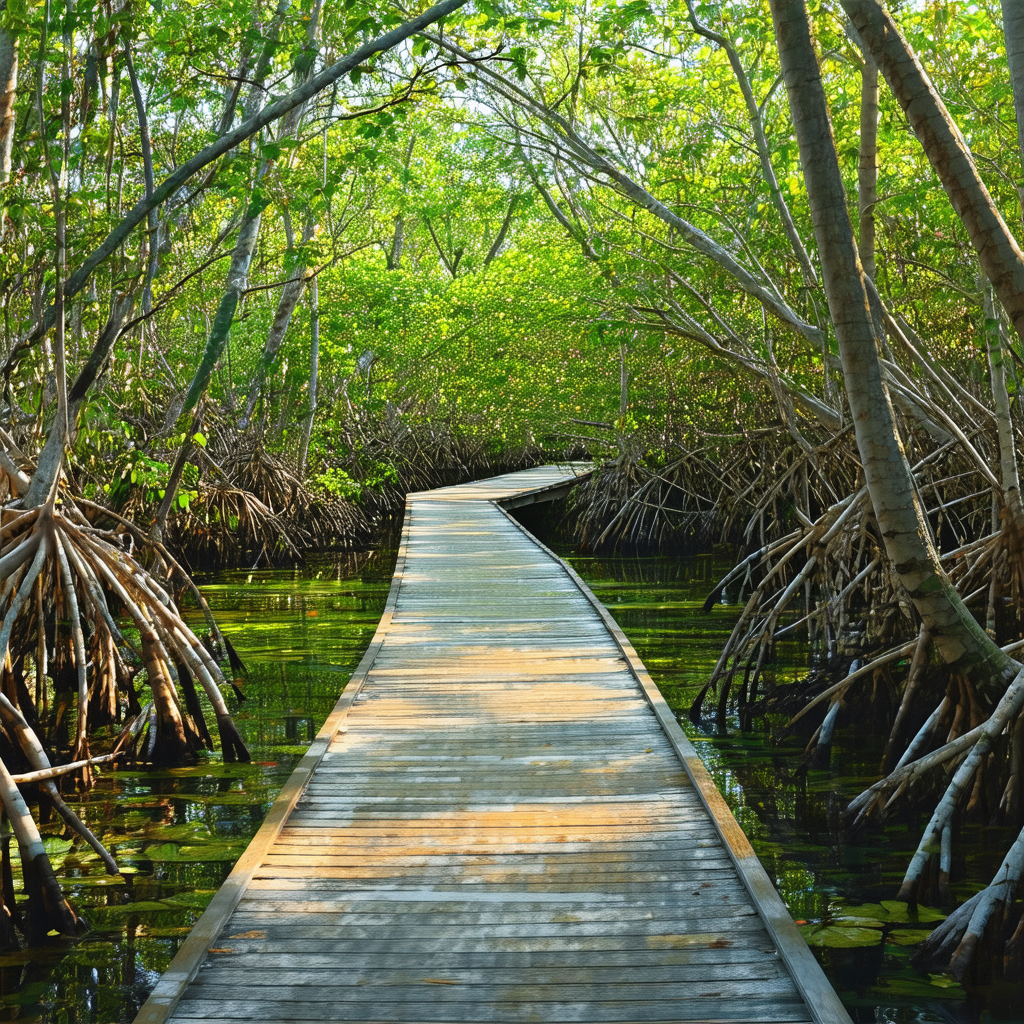Wooden walkway or bridge that is surrounded by a dense fo...