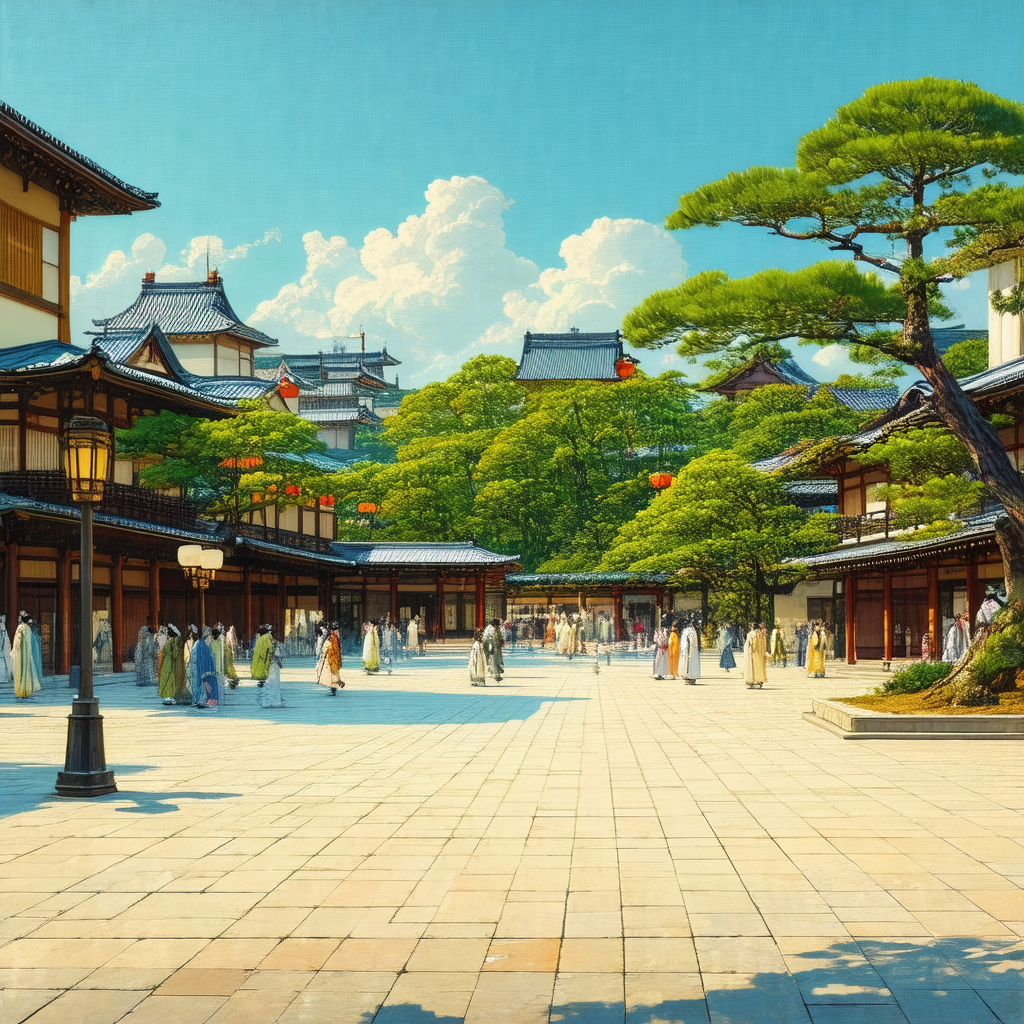 Lively scene of people walking around a courtyard in fron...