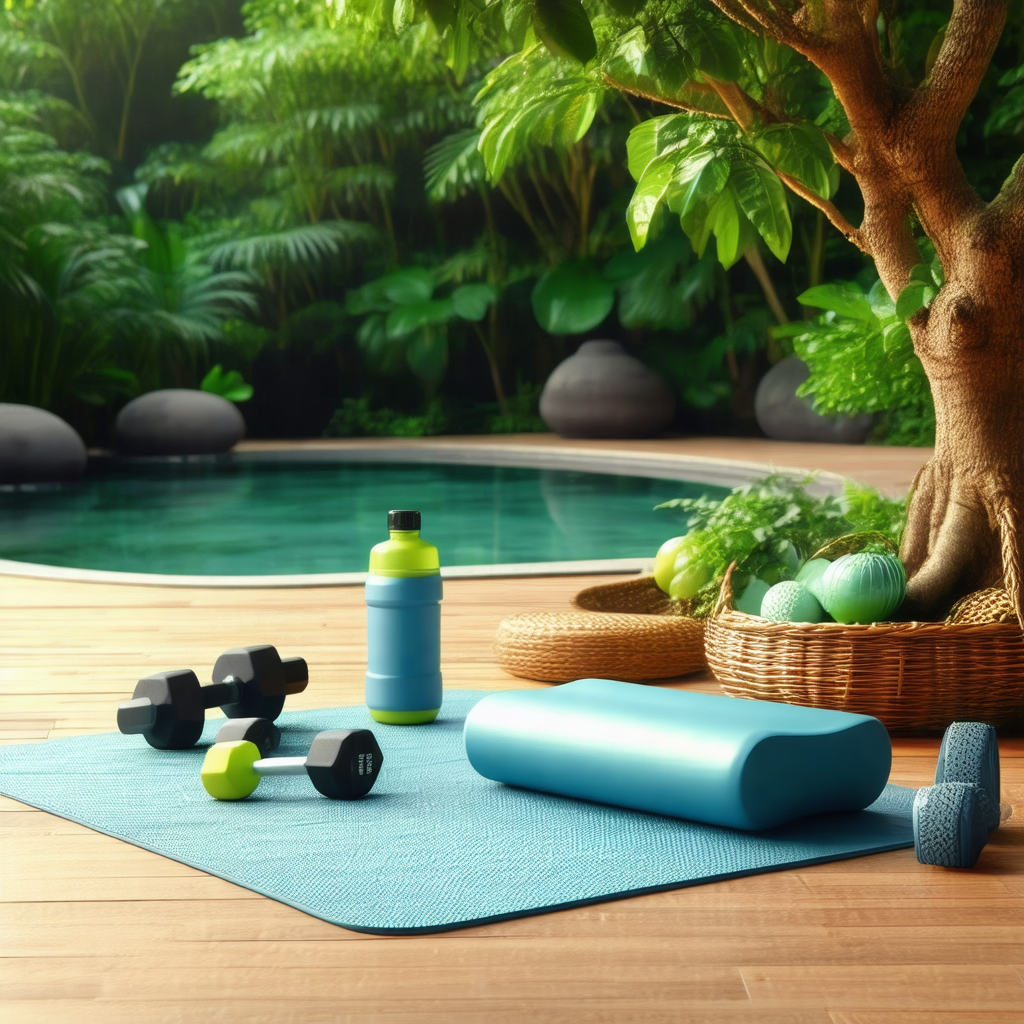 Wooden deck with a variety of exercise equipment and a wa...