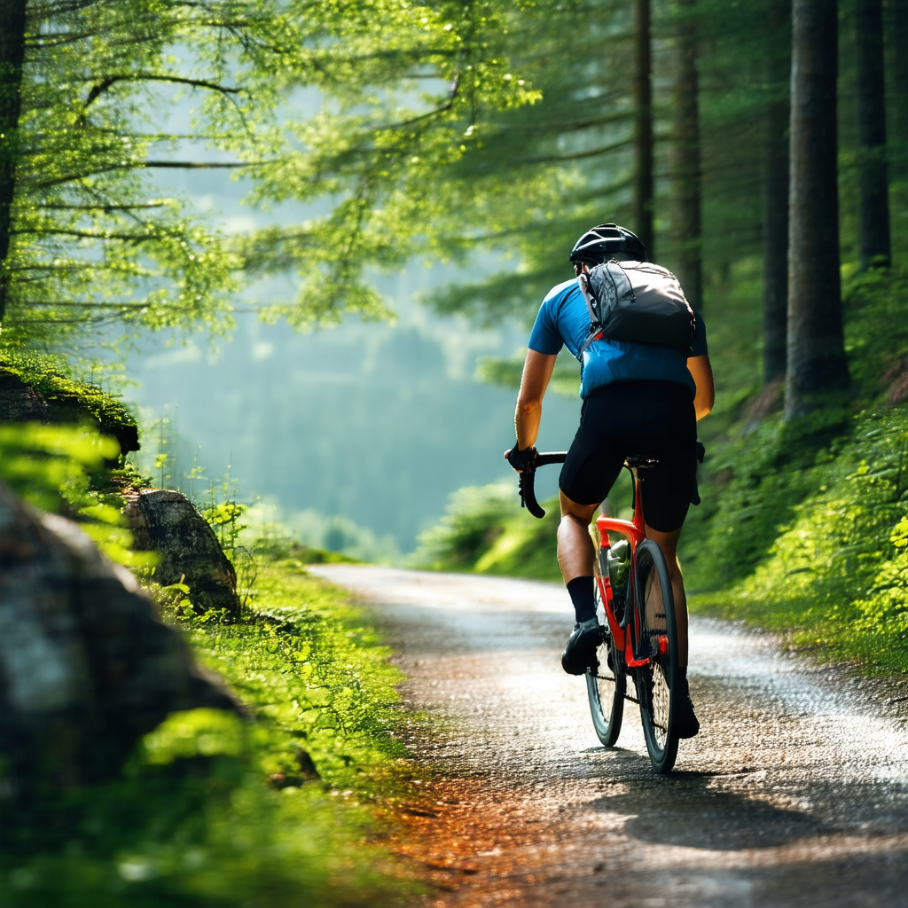 Man riding a bicycle down a road in a forest