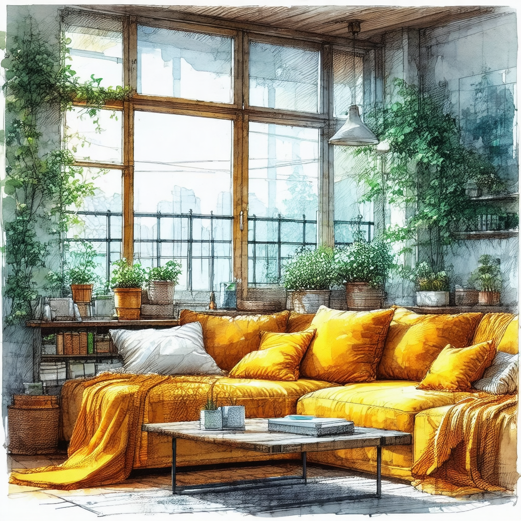 Beautifully drawn illustration of a living room with a la...