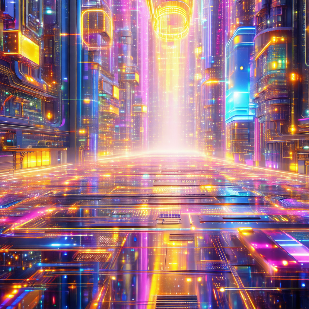 Futuristic cityscape with a long, brightly lit tunnel tha...