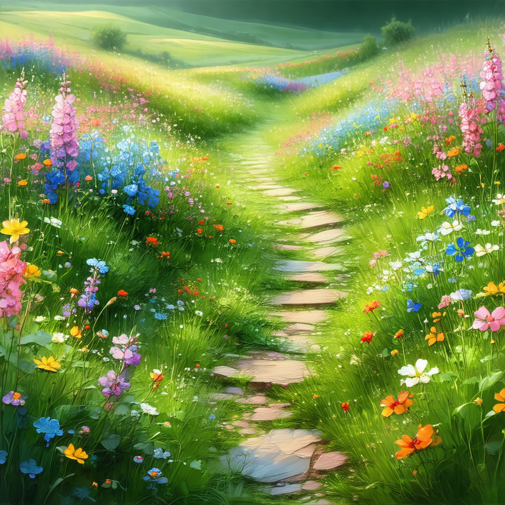 Beautiful, colorful pathway surrounded by a lush green field