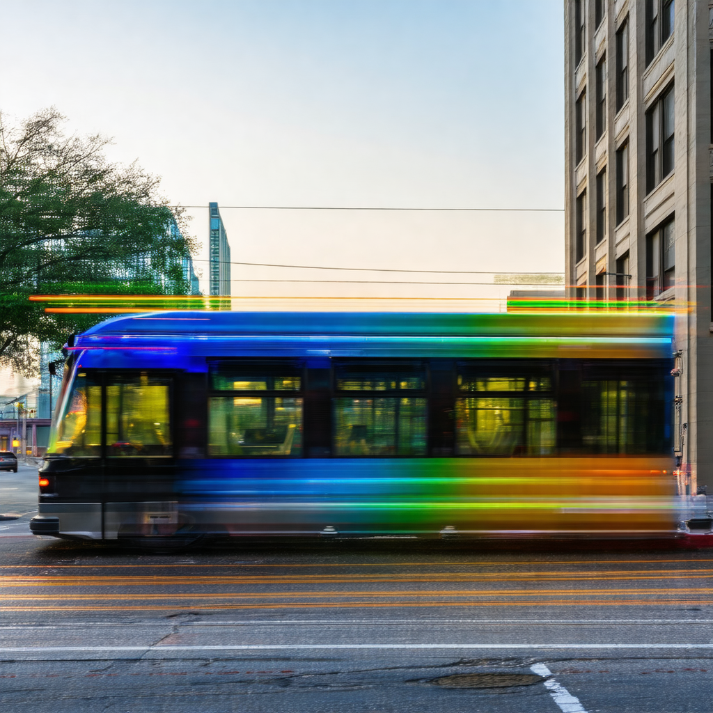 Blue and white bus driving down a street