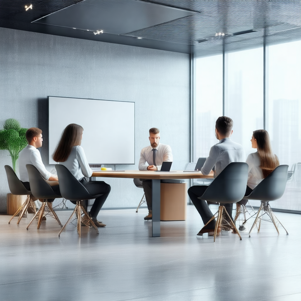 Group of people sitting around a conference table in a mo...