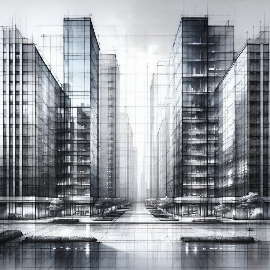 Black and white drawing of a city street with two tall bu...
