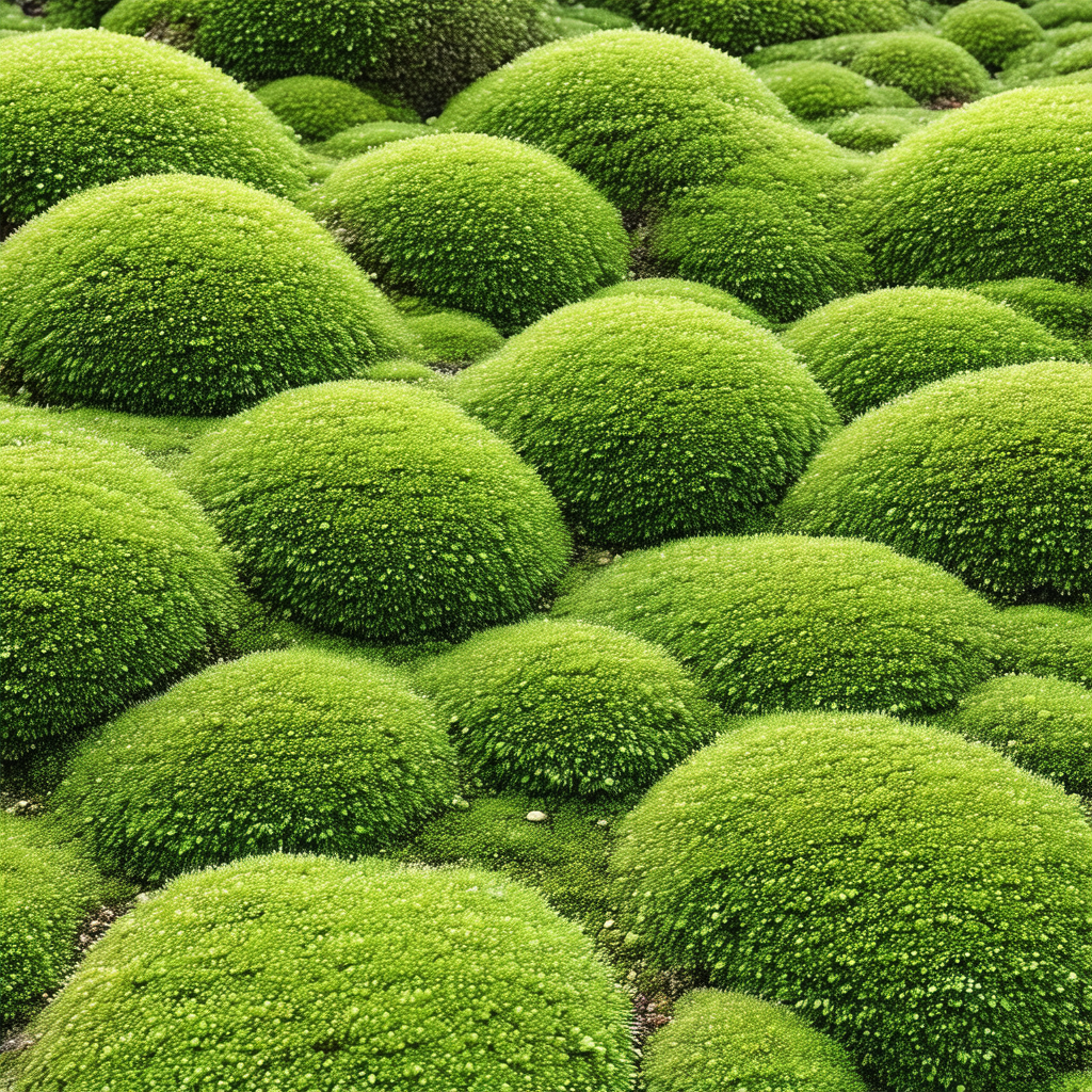 Lush green field with a variety of mossy plants and grass