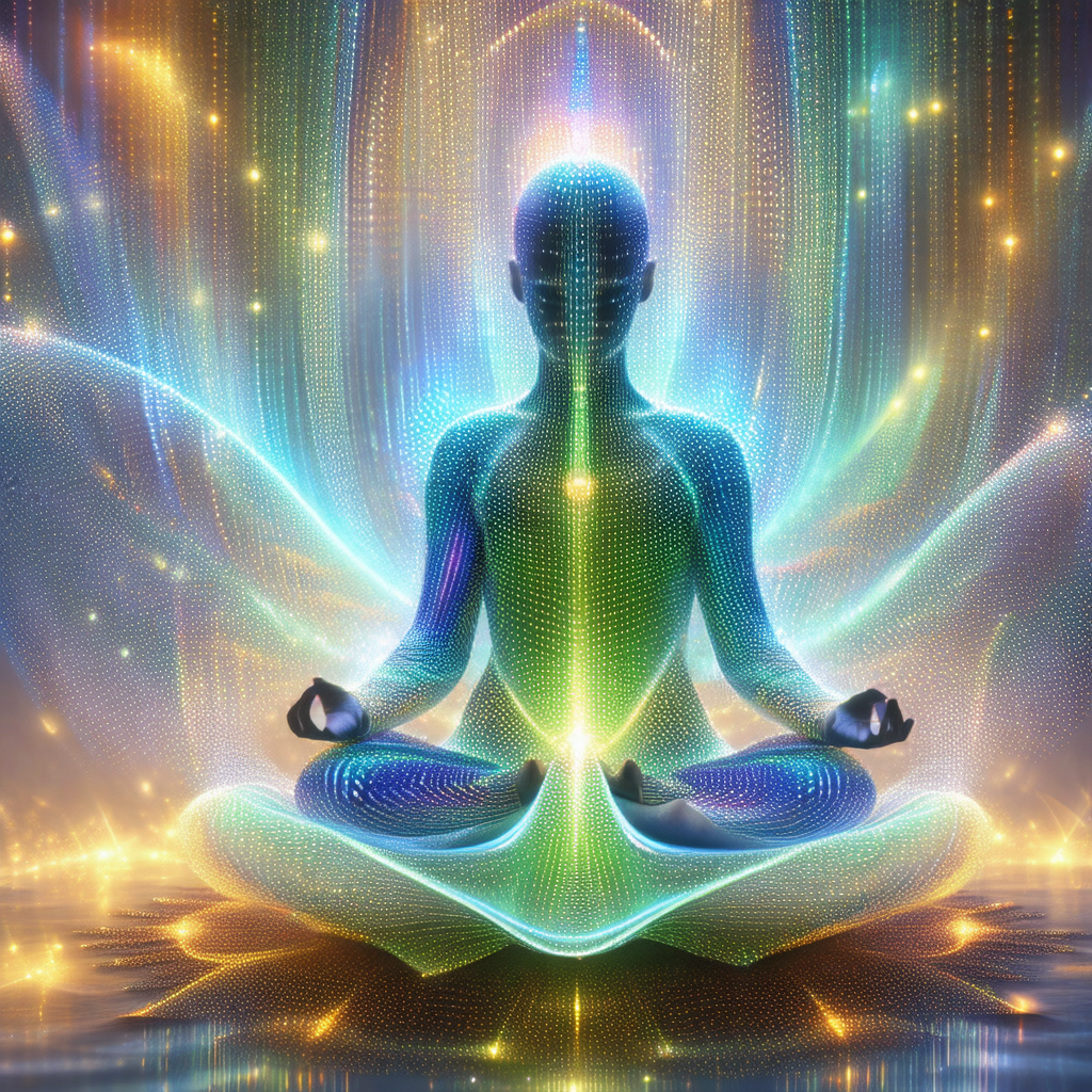 Person sitting in a lotus position, with their legs cross...