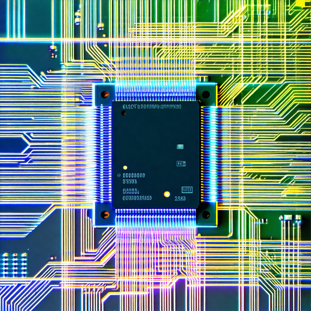 Close-up of a computer circuit board with a blue and yell...